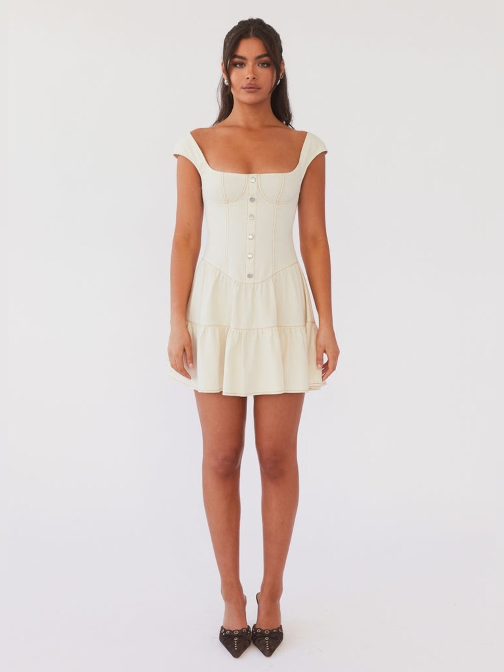 Peppermayo Cream Tiered Mini Dress with Button Front - Picture 3 of 12